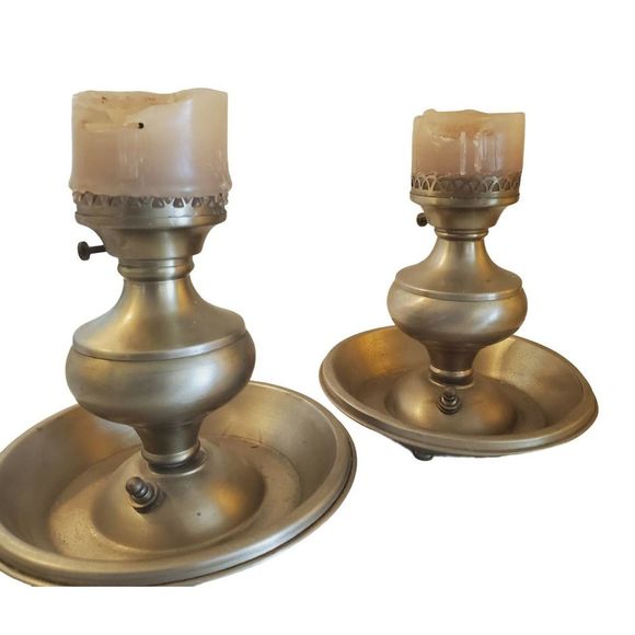 ANTIQUE Chamber Candle Holders Pewter (2) whale oil lamp style 1930s-40s - Picture 1 of 10
